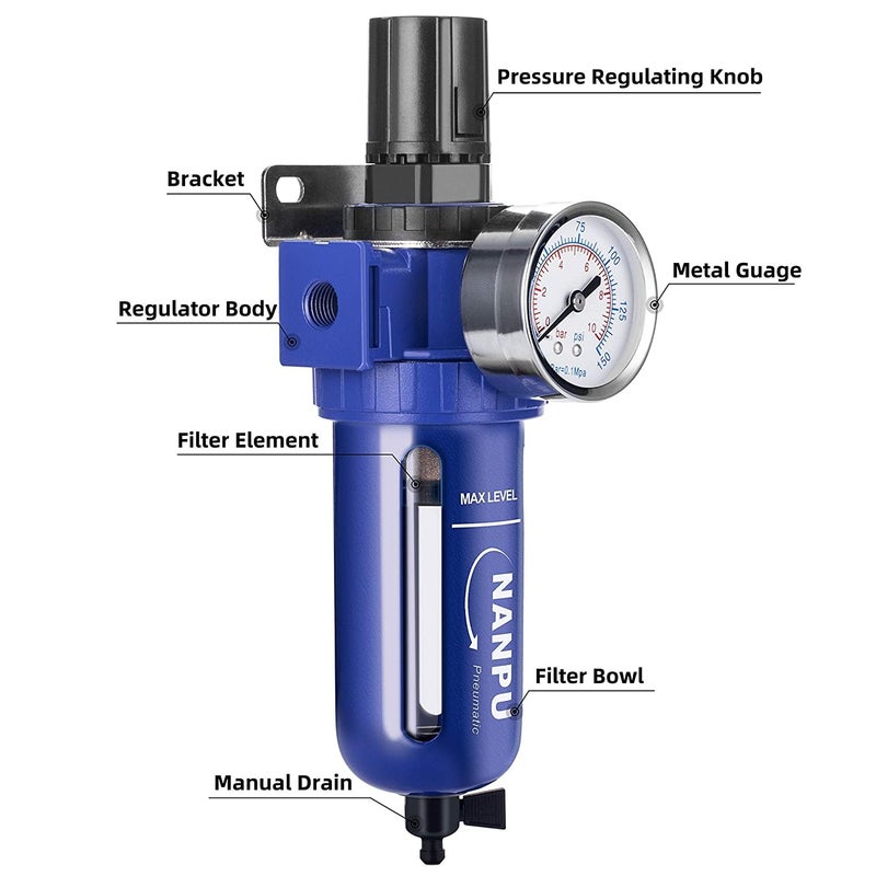 NANPU 3/8" NPT Compressed Air Filter Regulator, Zinc Alloy, 5 Micron Brass Element, 0-150 psi Gauge, Quick Release Bowl, Manual Drain, Metal Bracket - Image 2